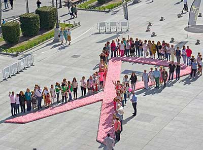 Un gran lazo rosa formado por 24.800 claveles en Torrejón de Ardoz, preámbulo del Día Mundial contra el Cáncer de Mama