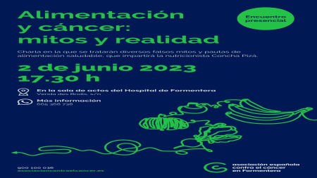 Cartel de la charla 'Alimentación y cáncer: mitos y realidad' en Formentera.