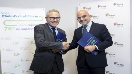 Ramón Reyes, presidente de la Asociación Española Contra el Cáncer y Carlos Núñez, presidente ejecutivo de PRISA Media